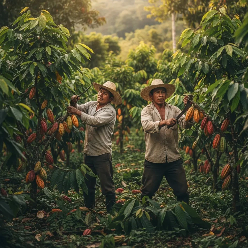 AGRICULTORES COSECHANDO CACAO
